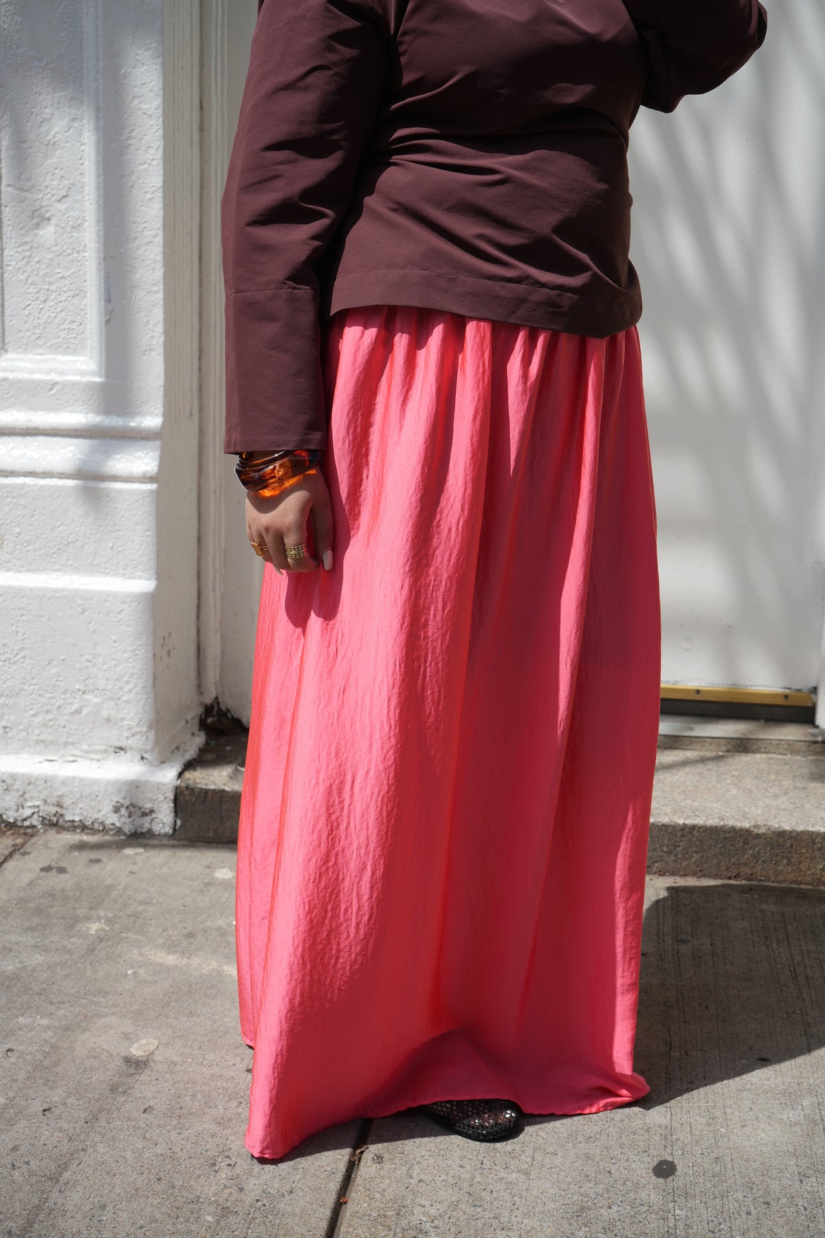 Coral Pink Crinkle Satin Maxi Skirt