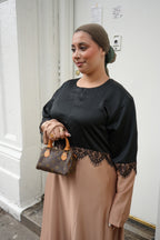 Black & Tan Two-Tone Lace Trim Satin Abaya