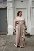 Beige Satin Cascading Ruffle Abaya