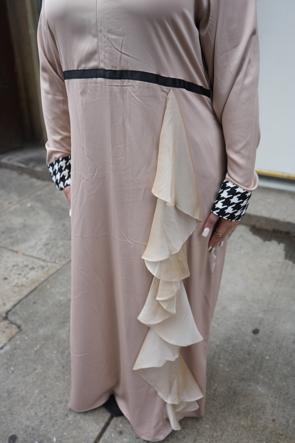 Beige Satin Cascading Ruffle Abaya