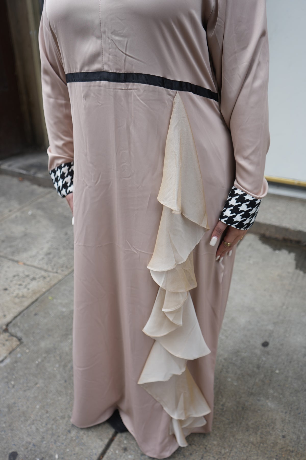 Beige Satin Cascading Ruffle Abaya
