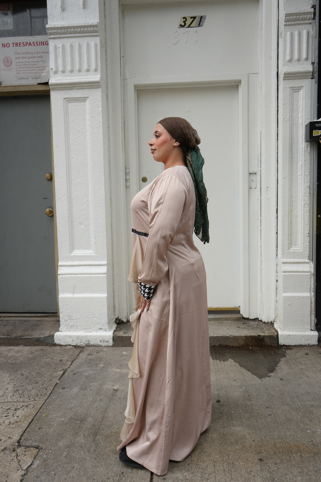 Beige Satin Cascading Ruffle Abaya