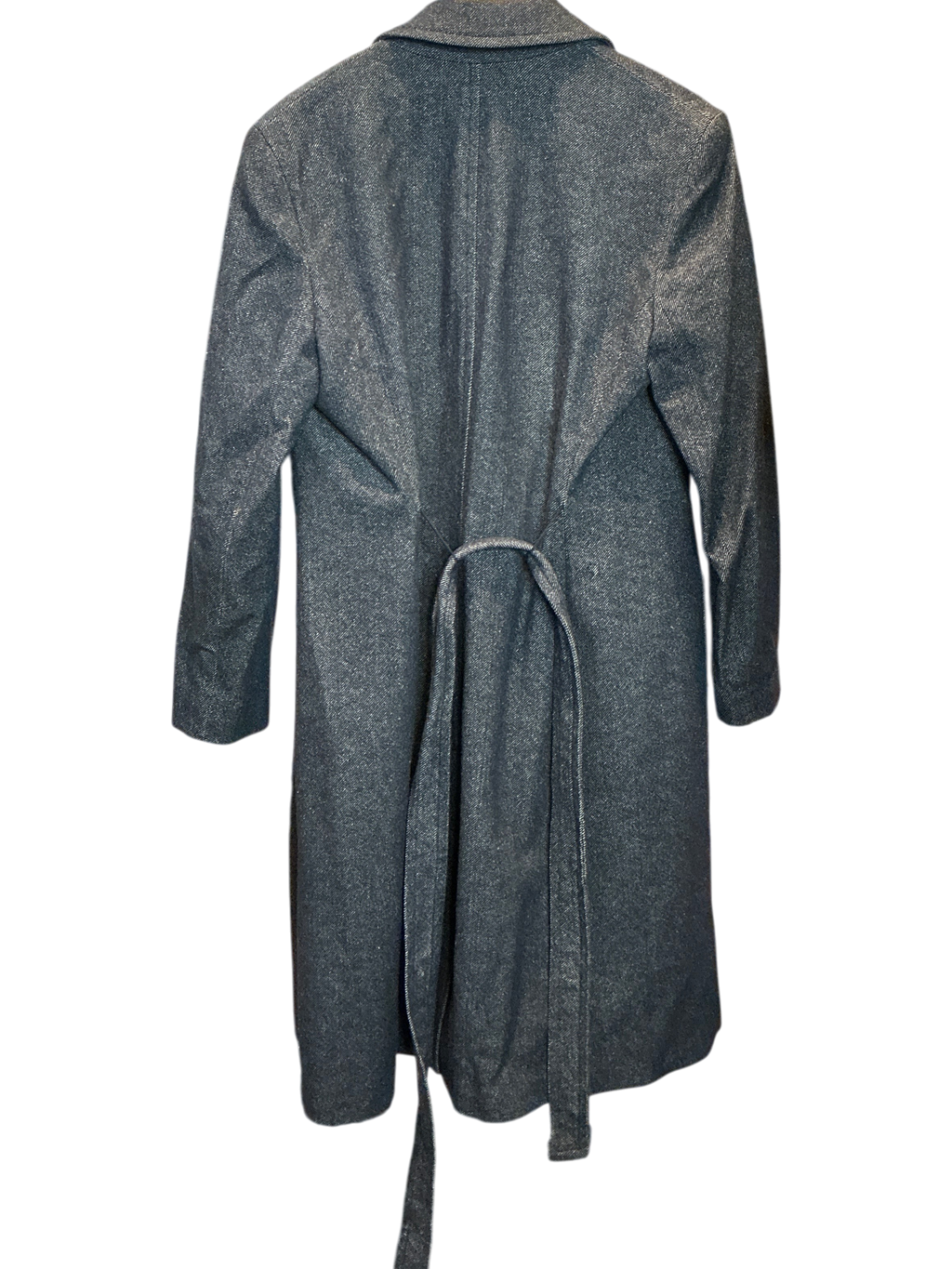 Modify Thrift vintage Jones New York charcoal grey metallic tweed overcoat seen from the back in a clothing store.