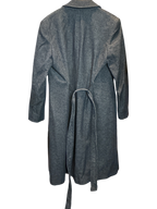 Modify Thrift vintage Jones New York charcoal grey metallic tweed overcoat seen from the back in a clothing store.
