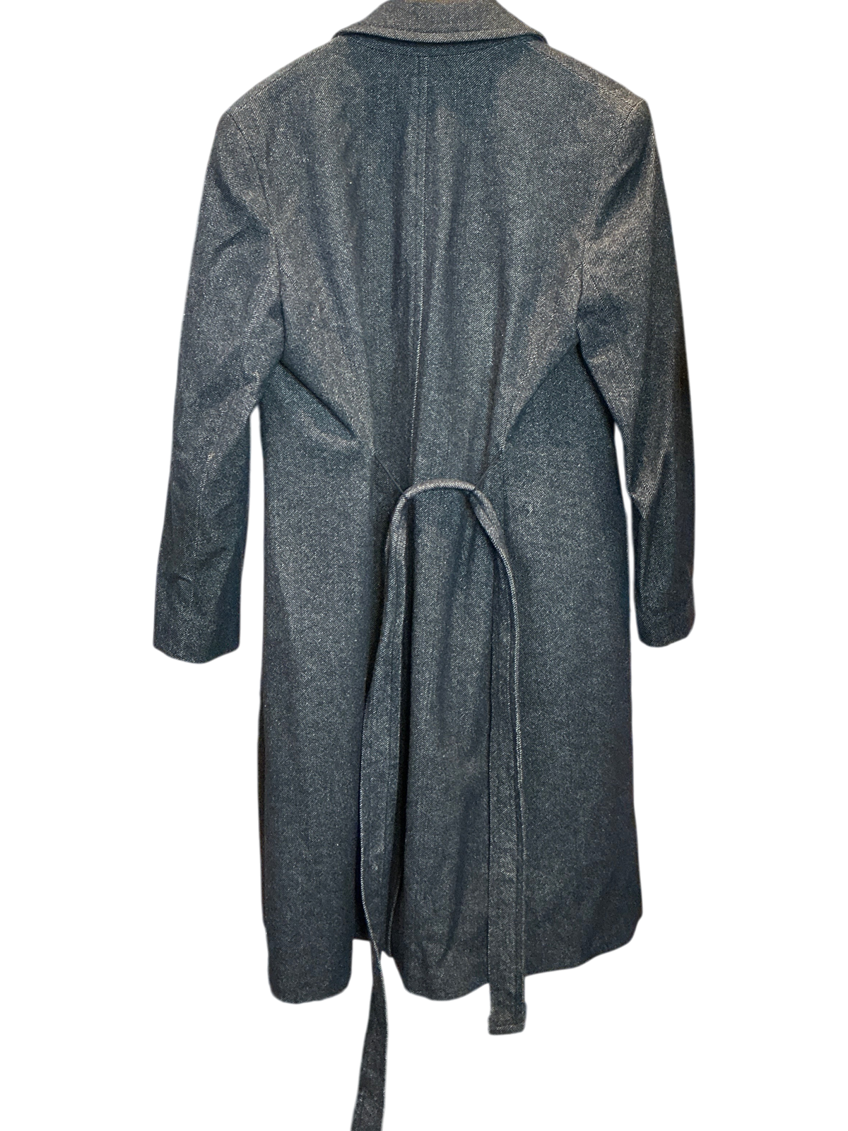 Modify Thrift vintage Jones New York charcoal grey metallic tweed overcoat seen from the back in a clothing store.
