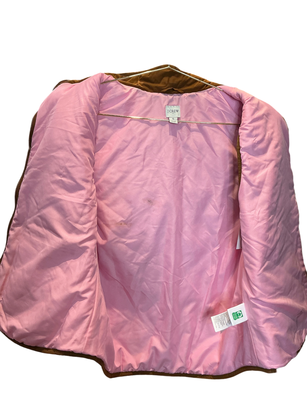 Modify Thrift J.Crew diamond quilted vest in camel brown with a contrasting light pink interior lining