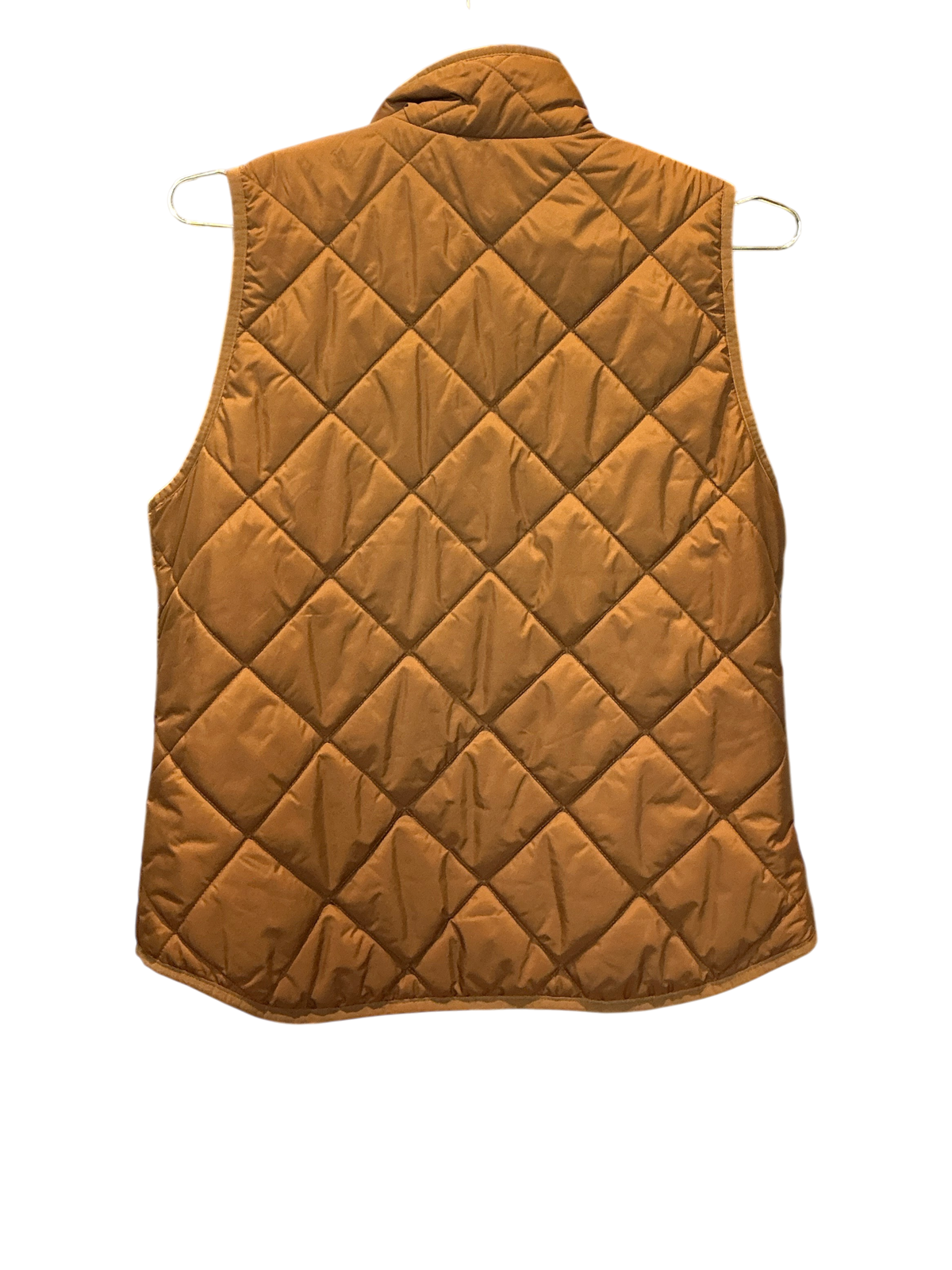 Modify Thrift J.Crew diamond-quilted excursion vest in camel brown, back view showing stand collar and quilted texture.