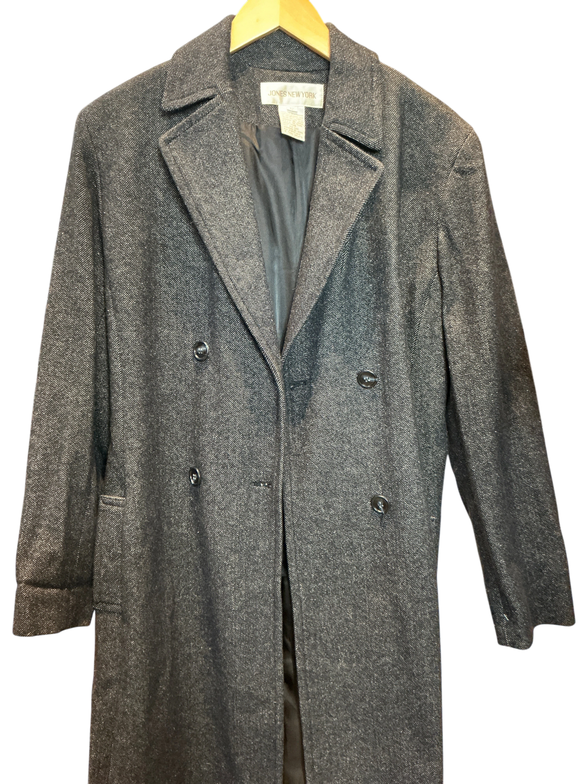 Modify Thrift vintage Jones New York charcoal grey metallic tweed double-breasted overcoat with notch lapels