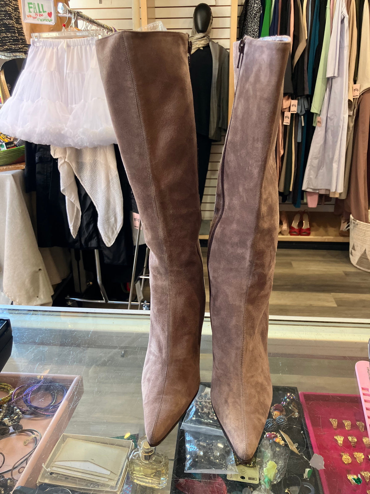 Taupe Suede Knee-High Stiletto Boots