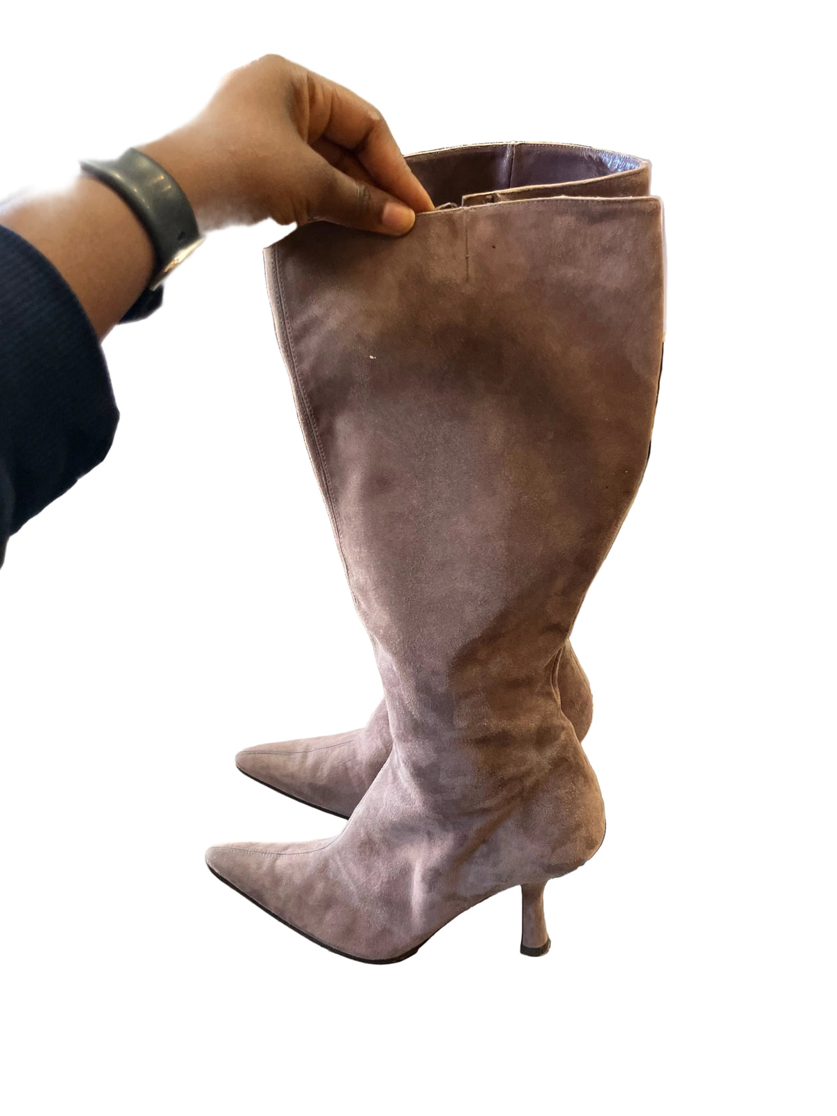 Taupe Suede Knee-High Stiletto Boots