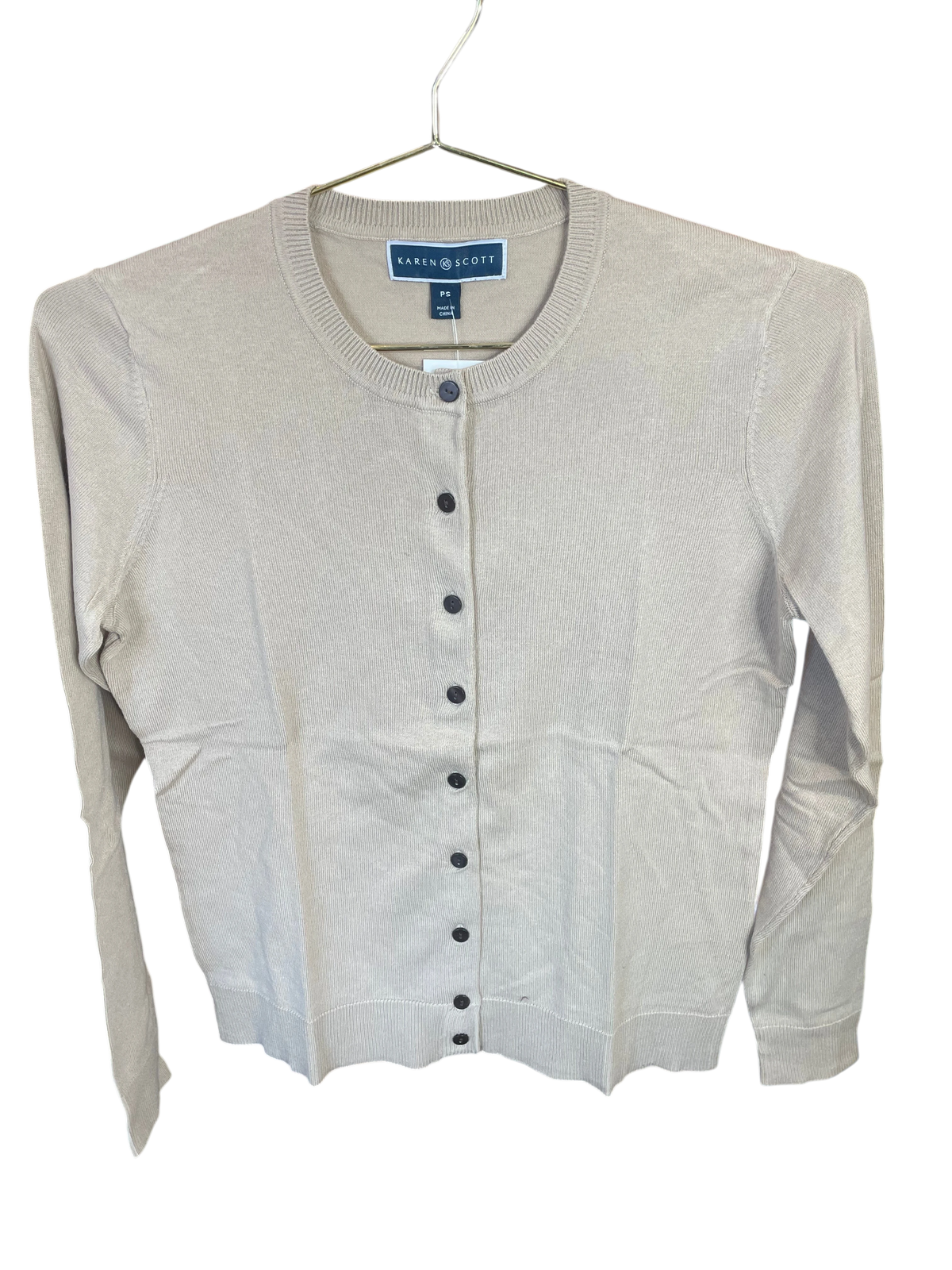 Karen Scott Beige Ribbed Crewneck Cardigan Sweater