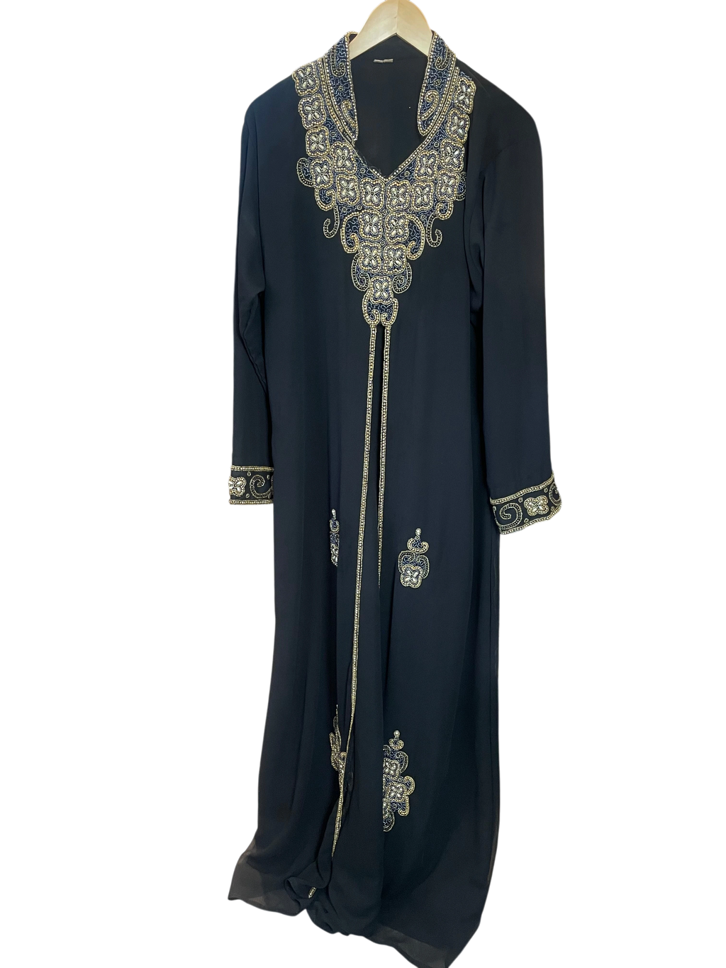 Black Gold & Pearl Beaded Intricate Kaftan Abaya