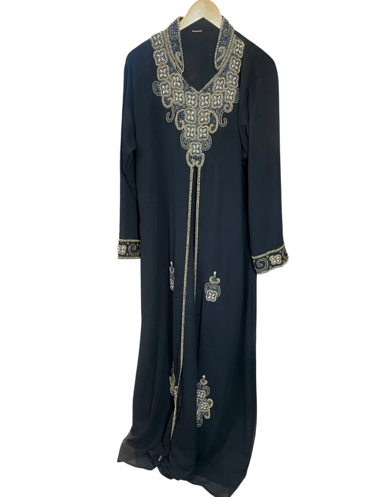 Black Gold & Pearl Beaded Intricate Kaftan Abaya