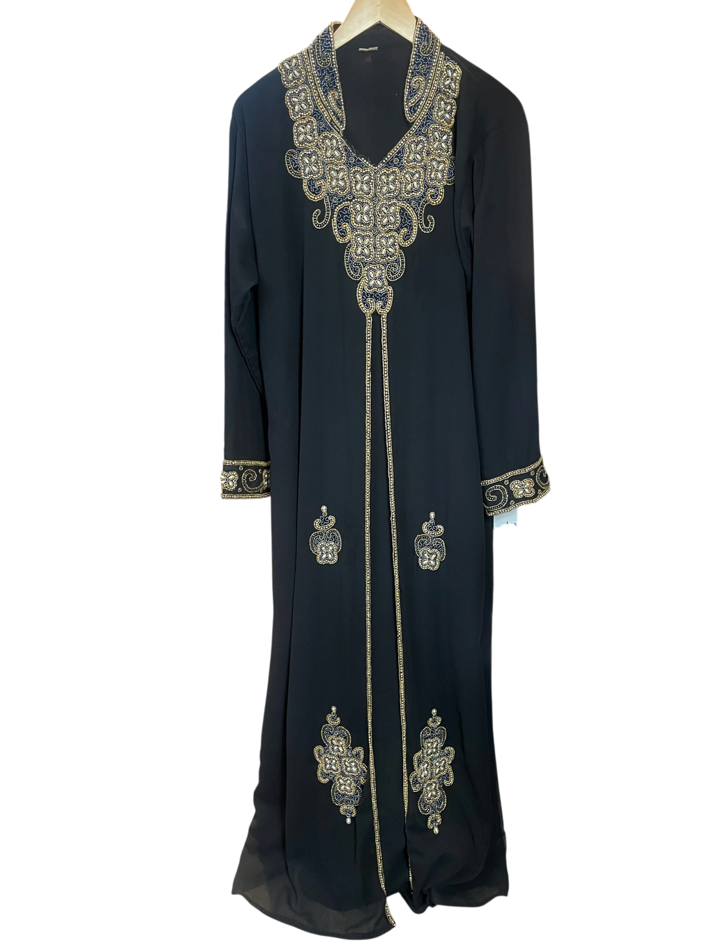 Black Gold & Pearl Beaded Intricate Kaftan Abaya
