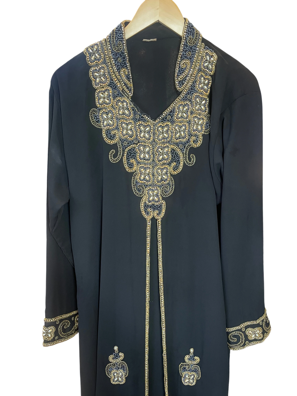 Black Gold & Pearl Beaded Intricate Kaftan Abaya