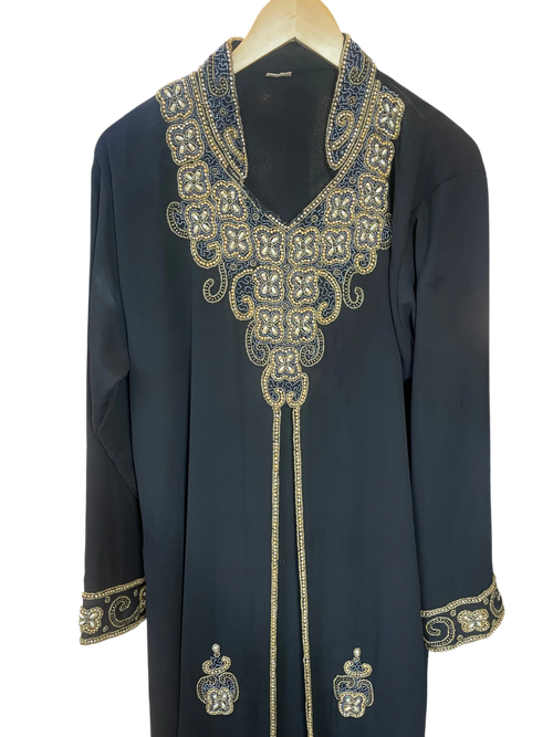 Black Gold & Pearl Beaded Intricate Kaftan Abaya