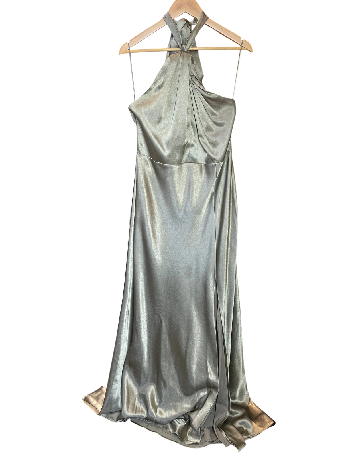 Sage Green Satin Halter Neck High-Slit Maxi Dress