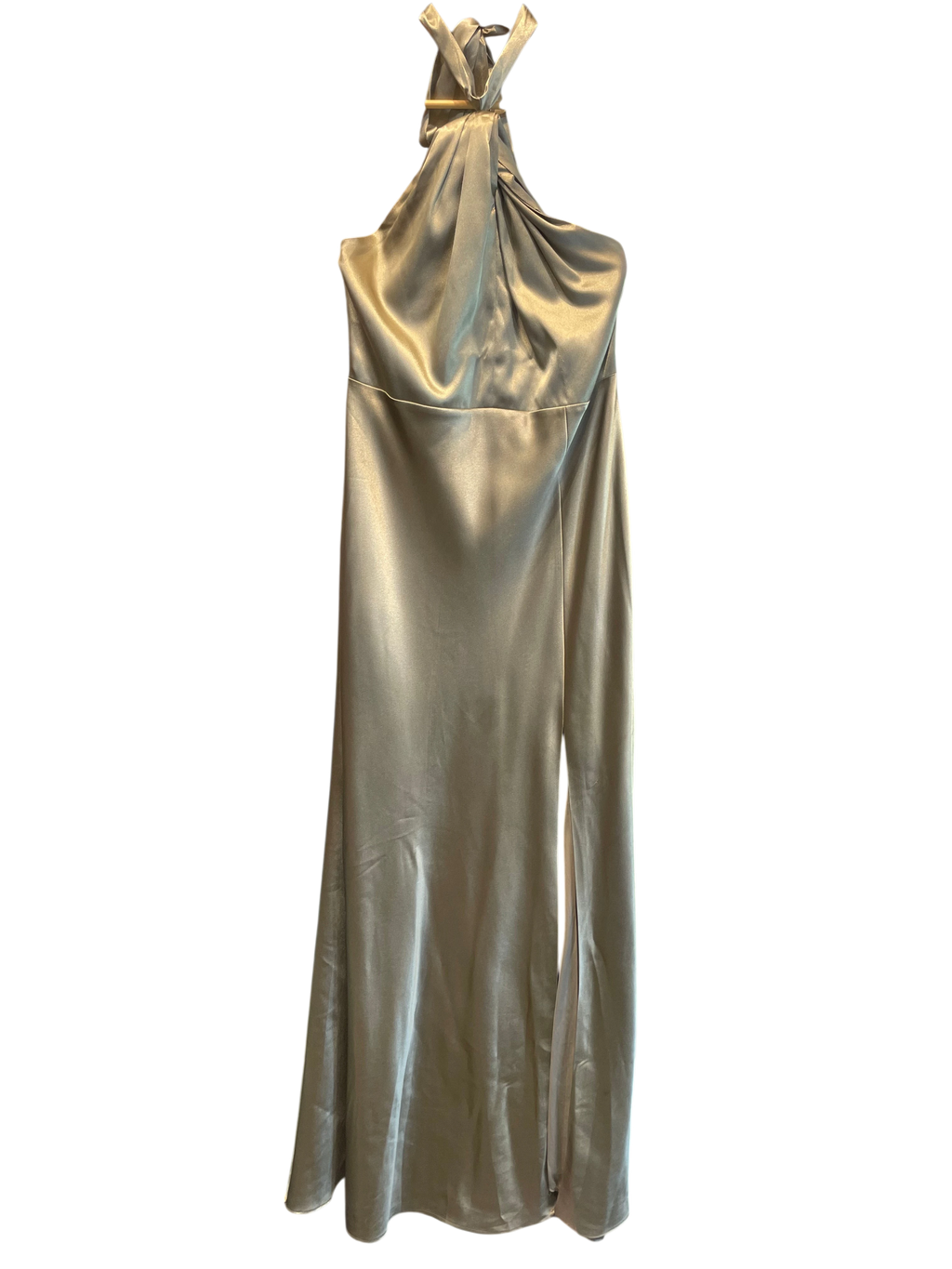 Sage Green Satin Halter Neck High-Slit Maxi Dress