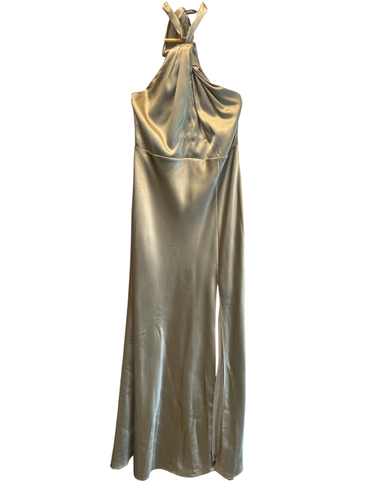 Sage Green Satin Halter Neck High-Slit Maxi Dress