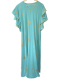 Aqua Mint Gold-Embroidered Flutter-Sleeve Kaftan Maxi Dress