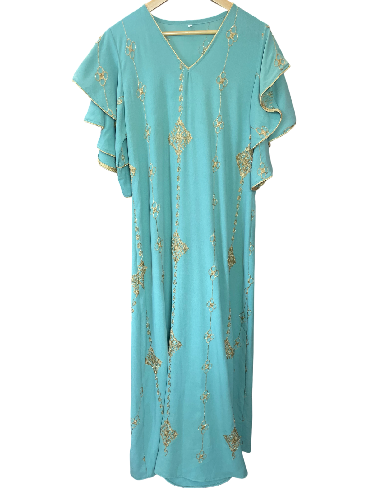 Aqua Mint Gold-Embroidered Flutter-Sleeve Kaftan Maxi Dress