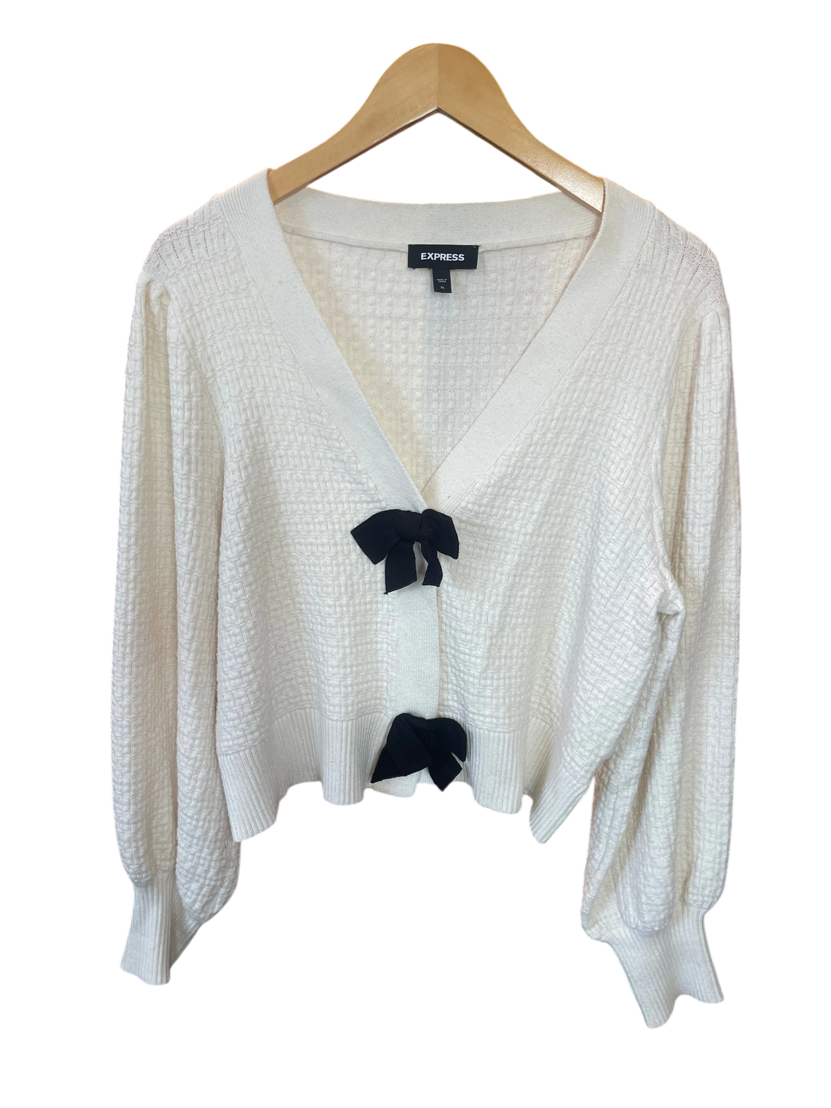 Express Cream Textured Knit Bow-Front Cardigan