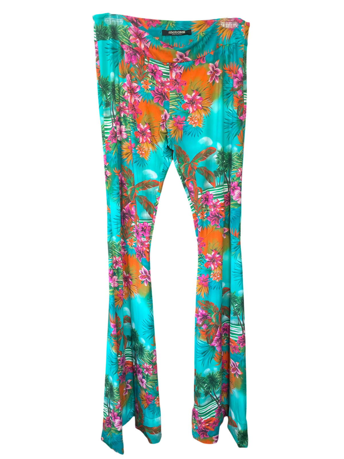Roberto Cavalli Turquoise Tropical Floral Print Flare Pants