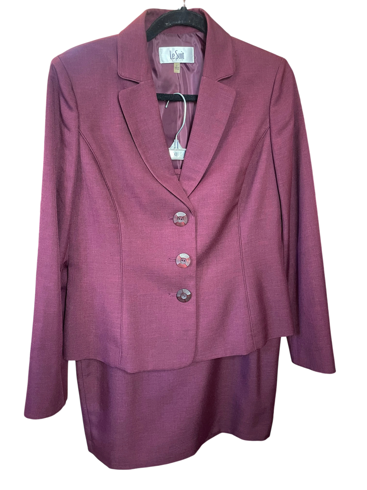 Le Suit Burgundy Textured 2-Piece Skirt Suit Set