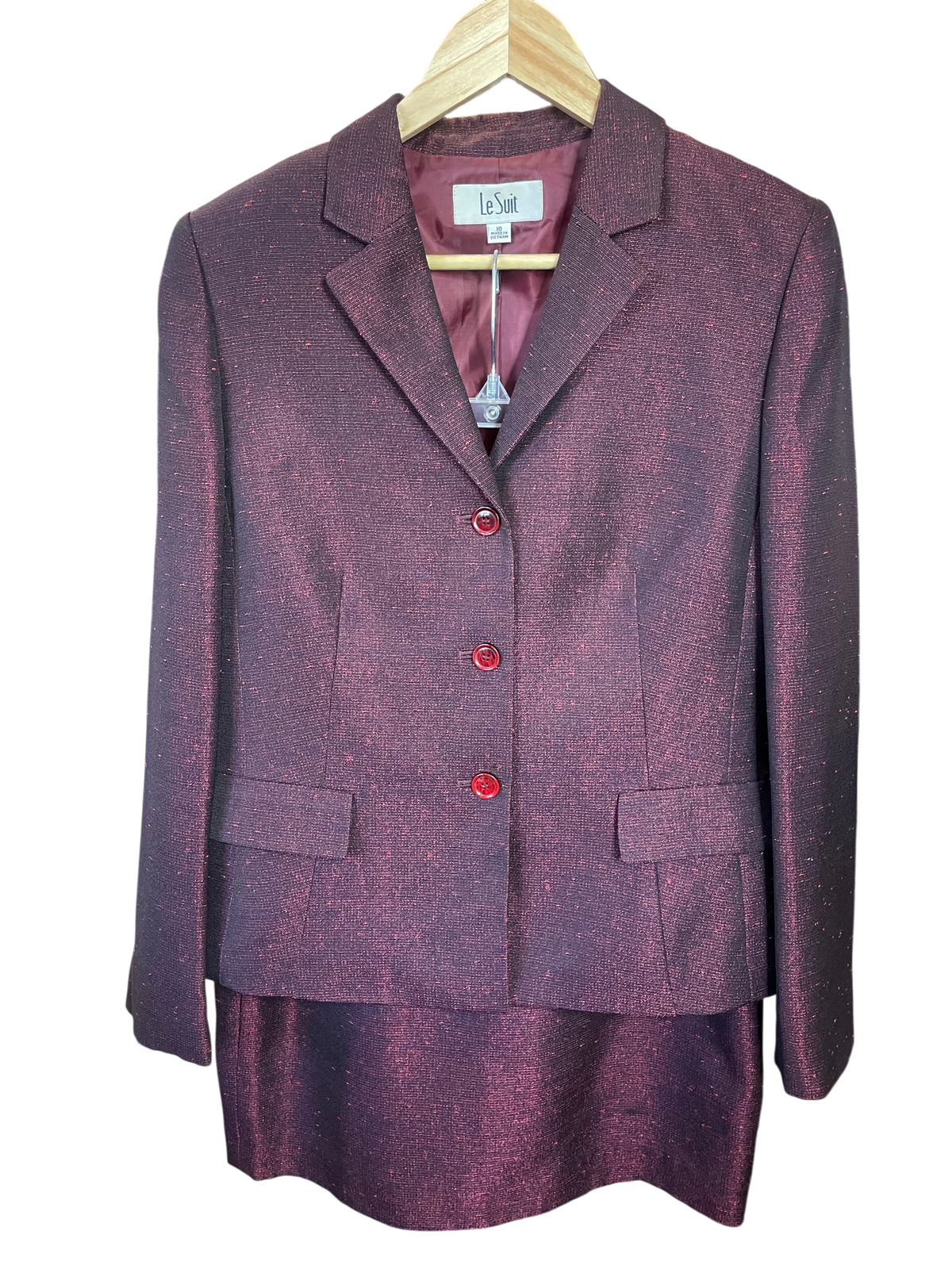 Le Suit Burgundy Metallic Woven 2-Piece Skirt Suit Set