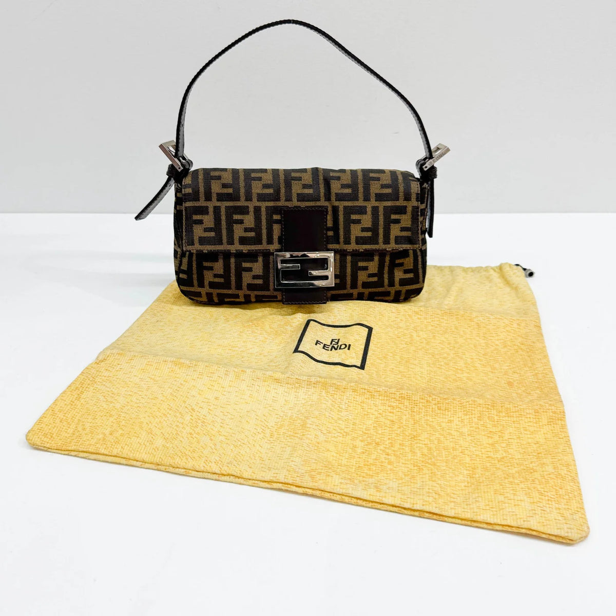 FENDI Baguette Zucca Brown Canvas Shoulder Bag