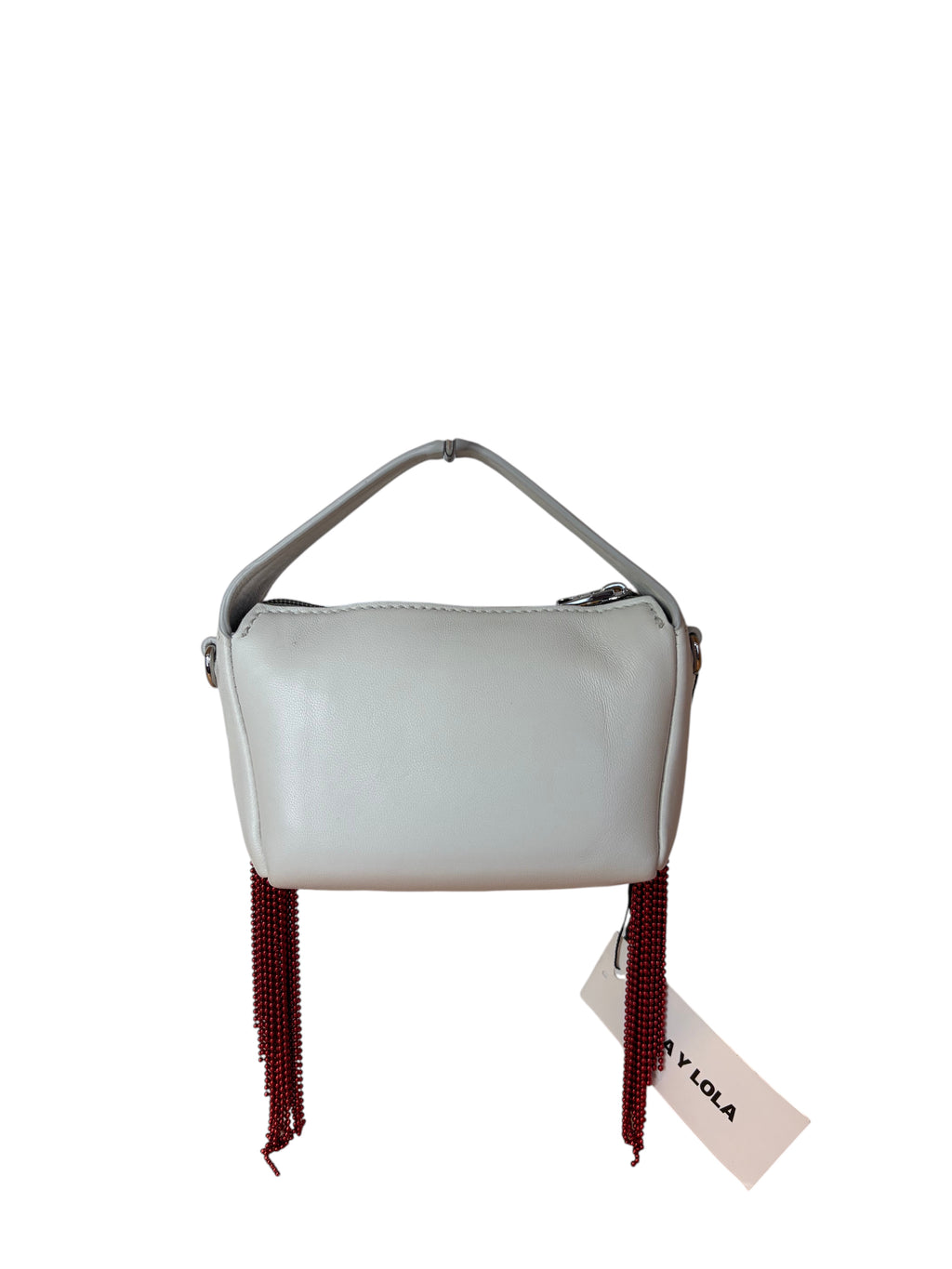 Bimba y Lola White Leather Crossbody Bag with Metallic Red Beaded Fringe