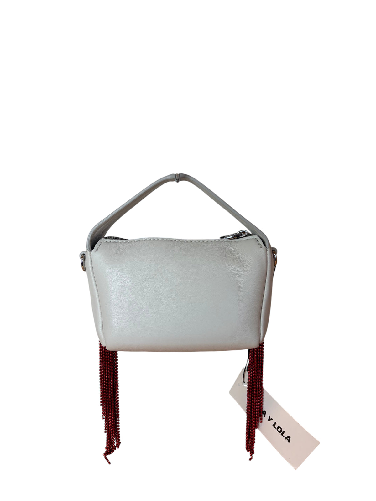 Bimba y Lola White Leather Crossbody Bag with Metallic Red Beaded Fringe