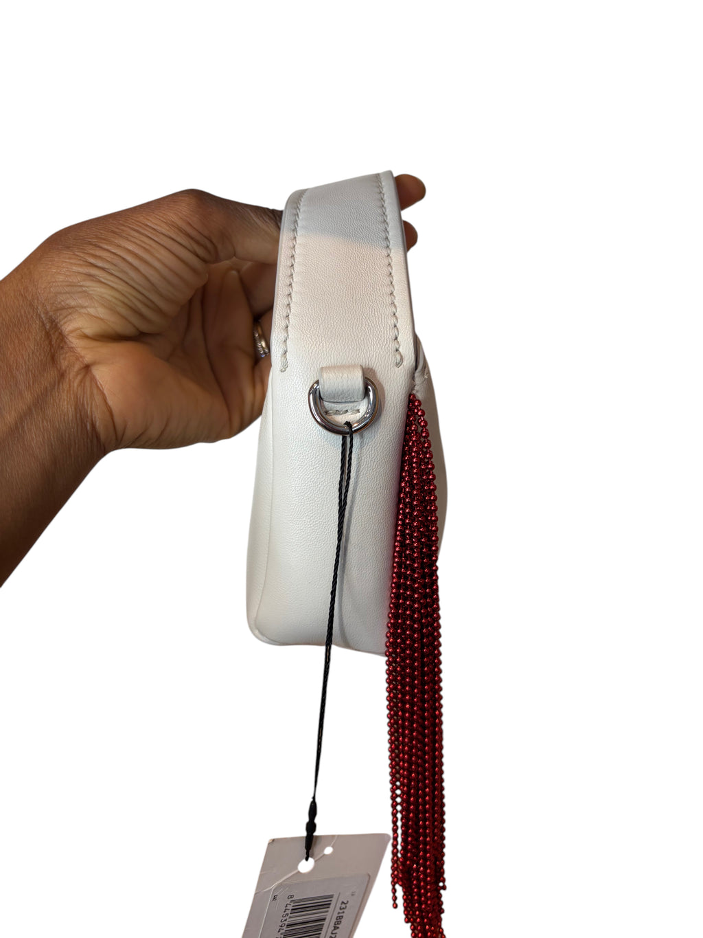 Bimba y Lola White Leather Crossbody Bag with Metallic Red Beaded Fringe