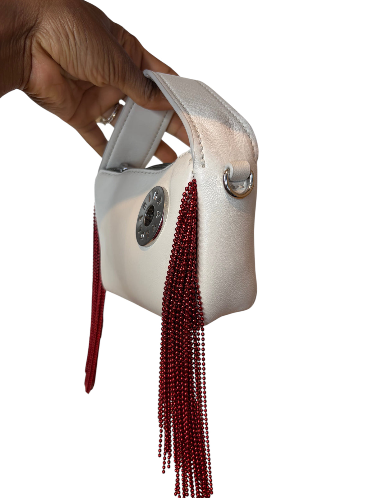 Bimba y Lola White Leather Crossbody Bag with Metallic Red Beaded Fringe