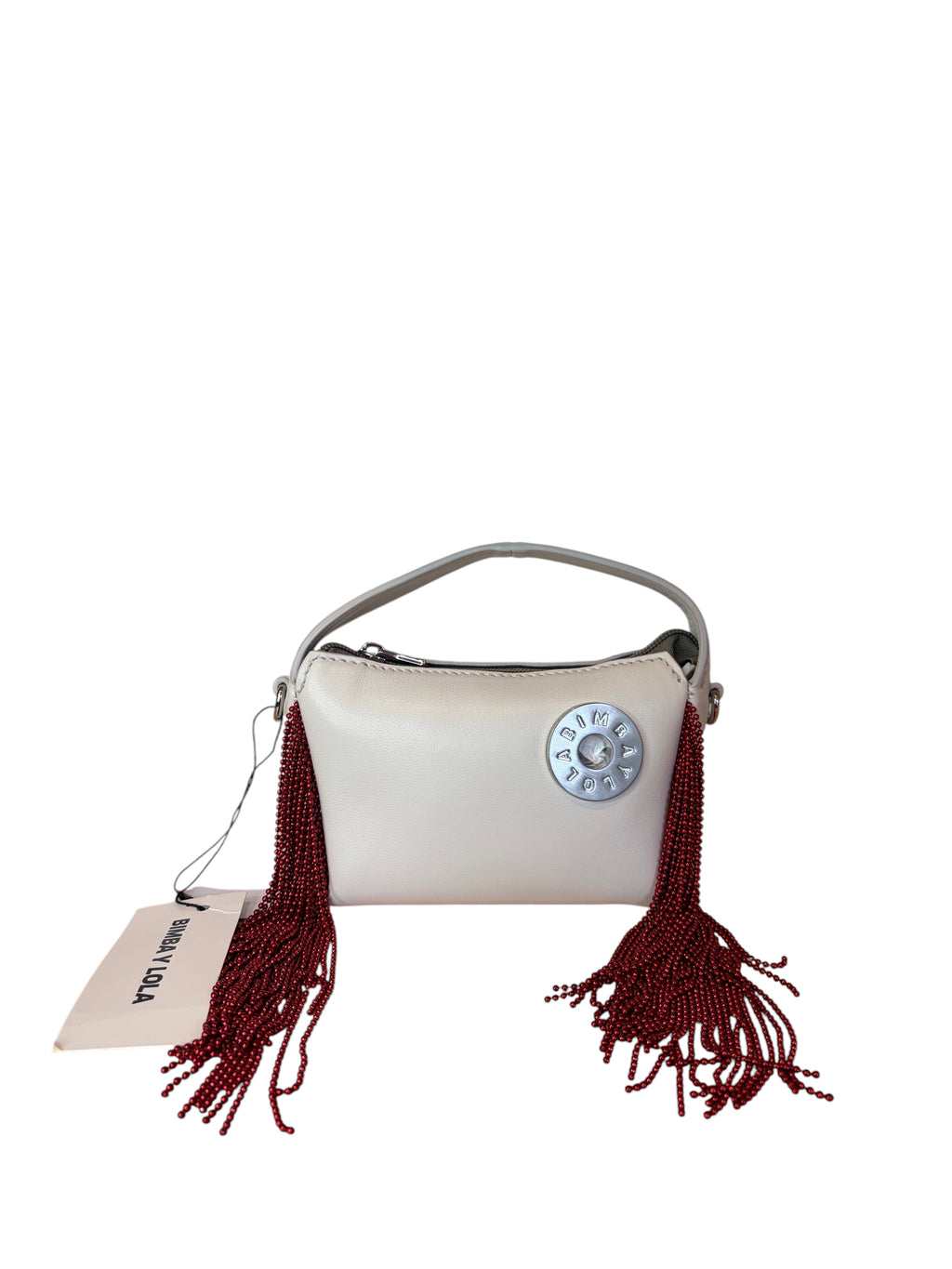 Bimba y Lola White Leather Crossbody Bag with Metallic Red Beaded Fringe