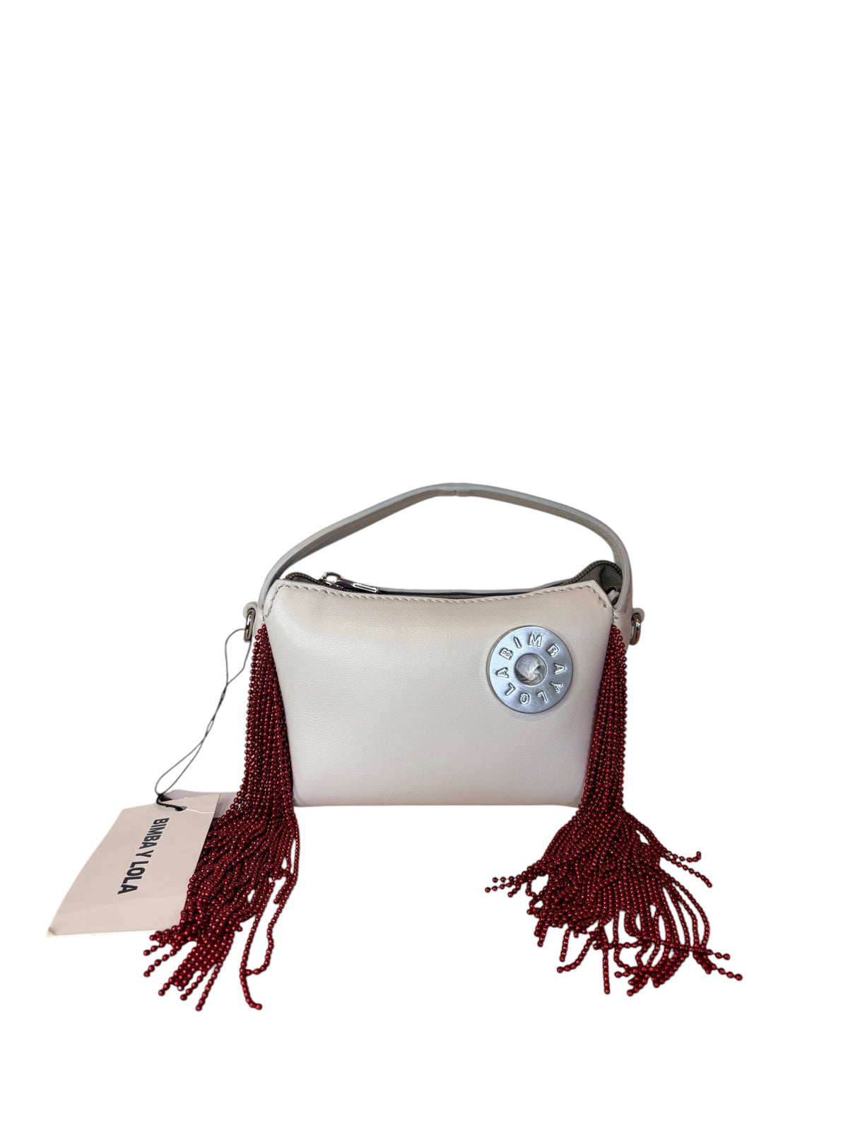 Bimba y Lola White Leather Crossbody Bag with Metallic Red Beaded Fringe