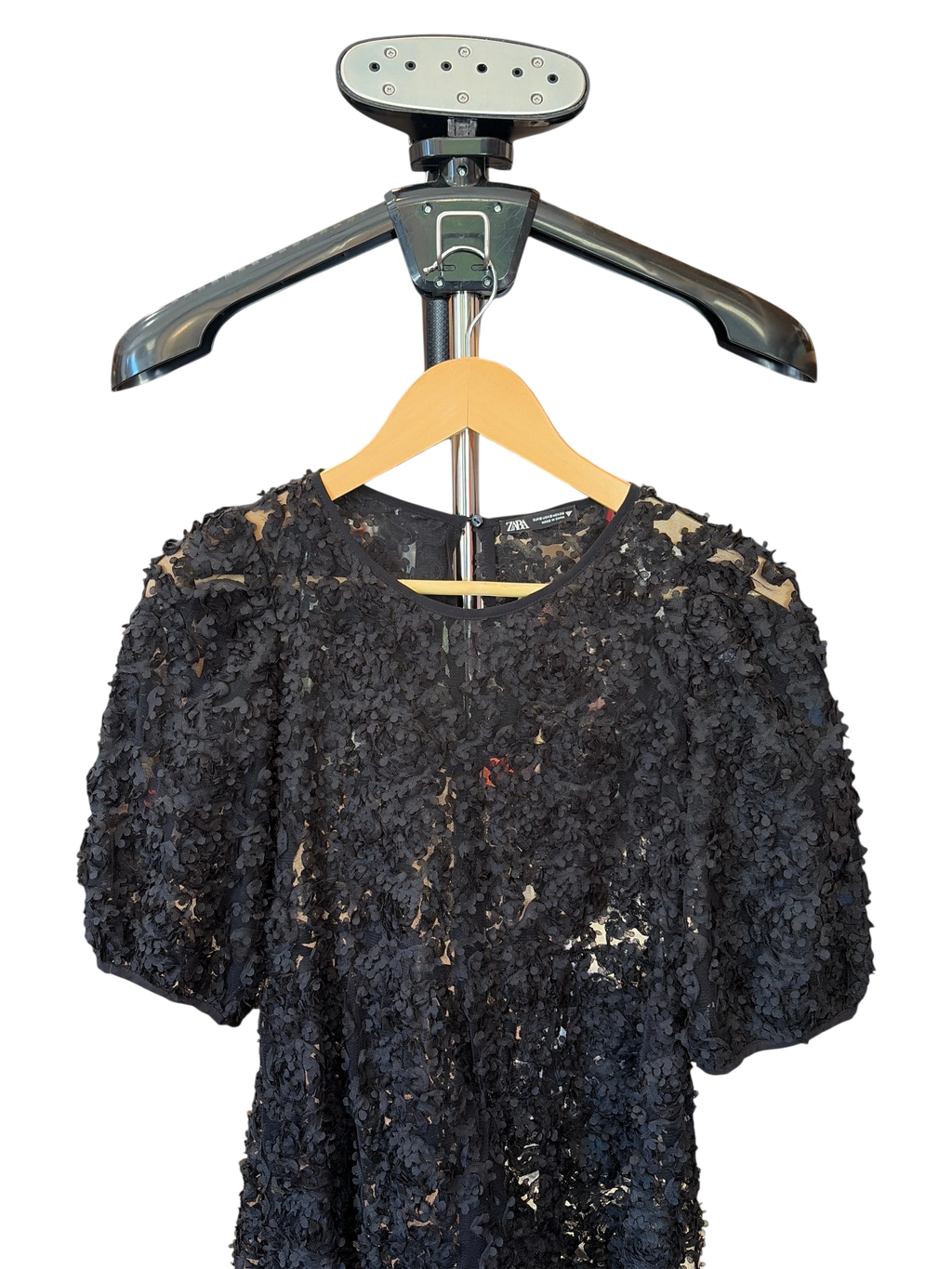 Zara Black 3D Floral Applique Textured Lace Midi Dress