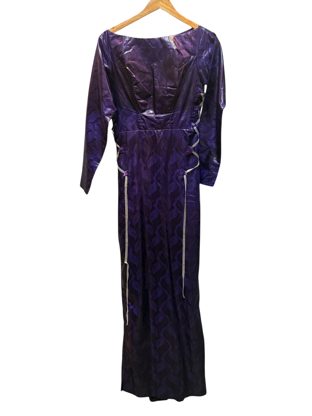 Royal Purple Metallic Damask Jacquard Maxi Dress with Rhinestone Trim