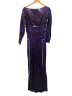 Royal Purple Metallic Damask Jacquard Maxi Dress with Rhinestone Trim