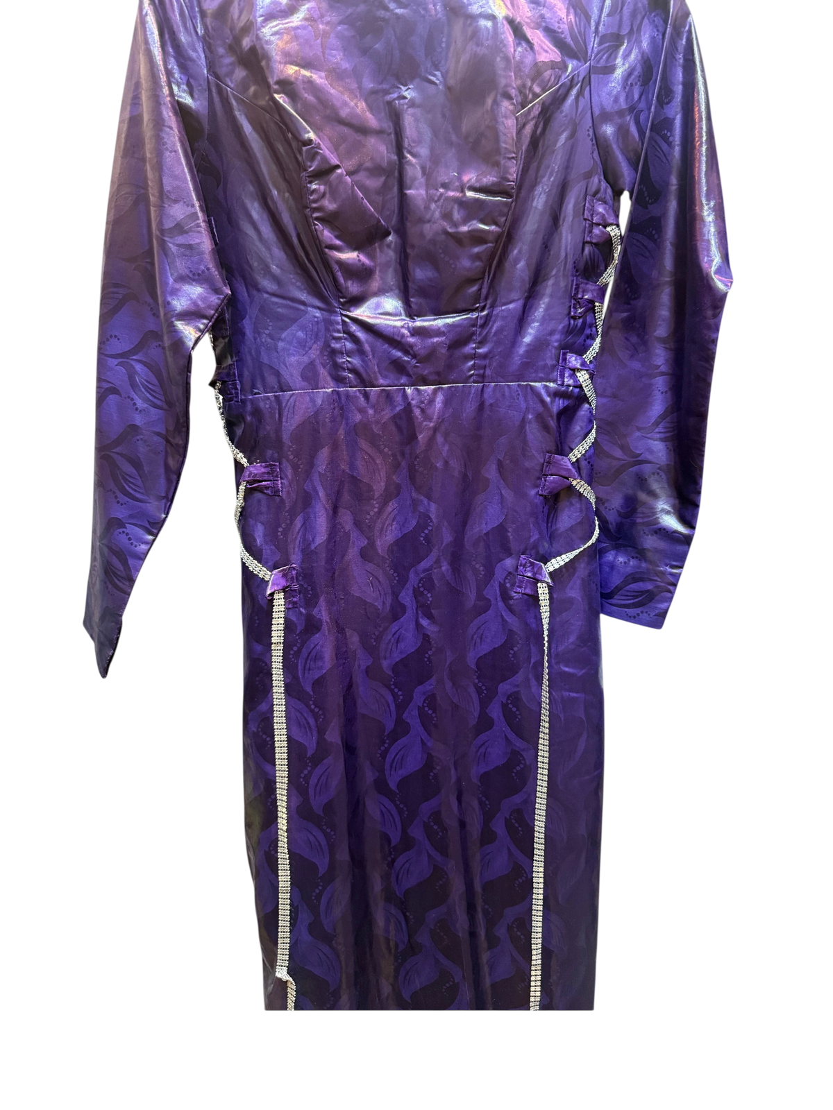 Royal Purple Metallic Damask Jacquard Maxi Dress with Rhinestone Trim
