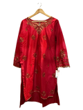 Crimson Embroidered Satin Kurti – Tonal Floral Detail