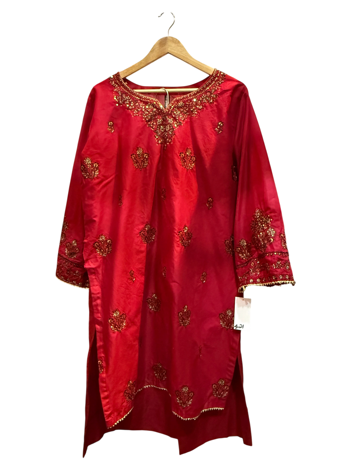 Crimson Embroidered Satin Kurti – Tonal Floral Detail