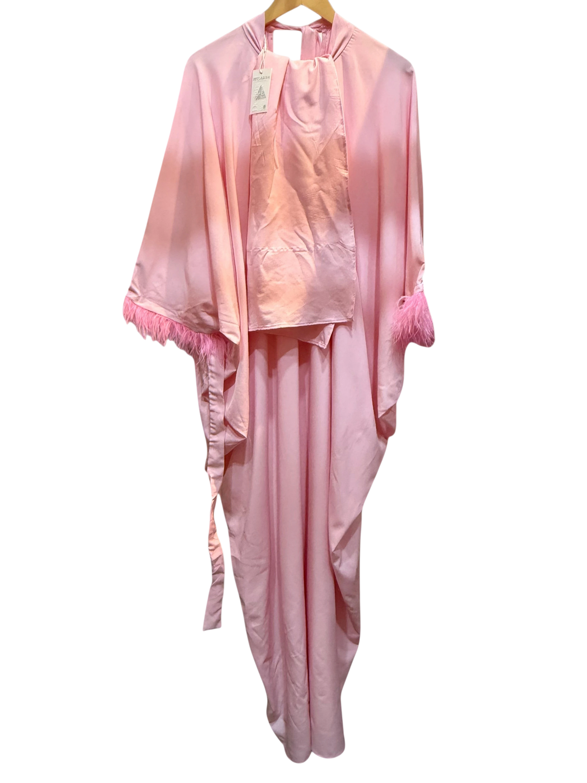Bubblegum Pink Feather-Trim Draped Kaftan Maxi Dress Set