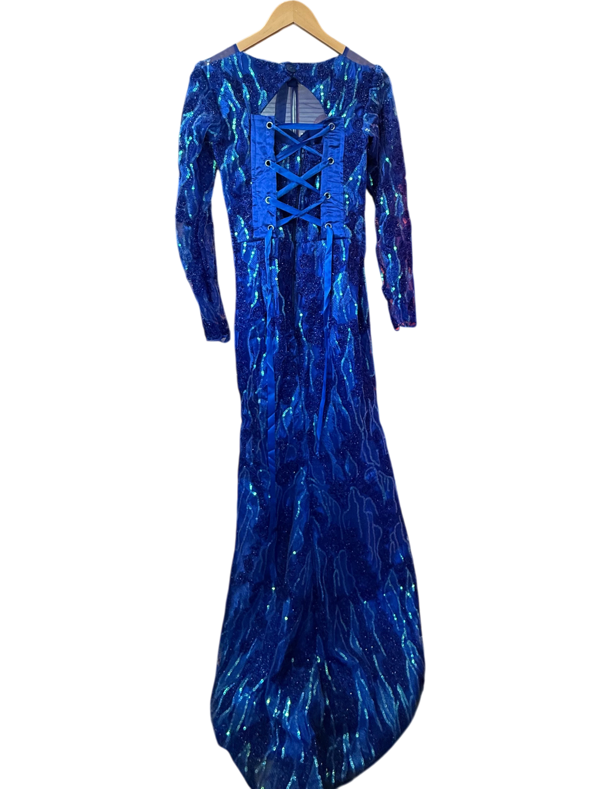 Vintage Royal Blue Sequined Corset-Back Evening Gown