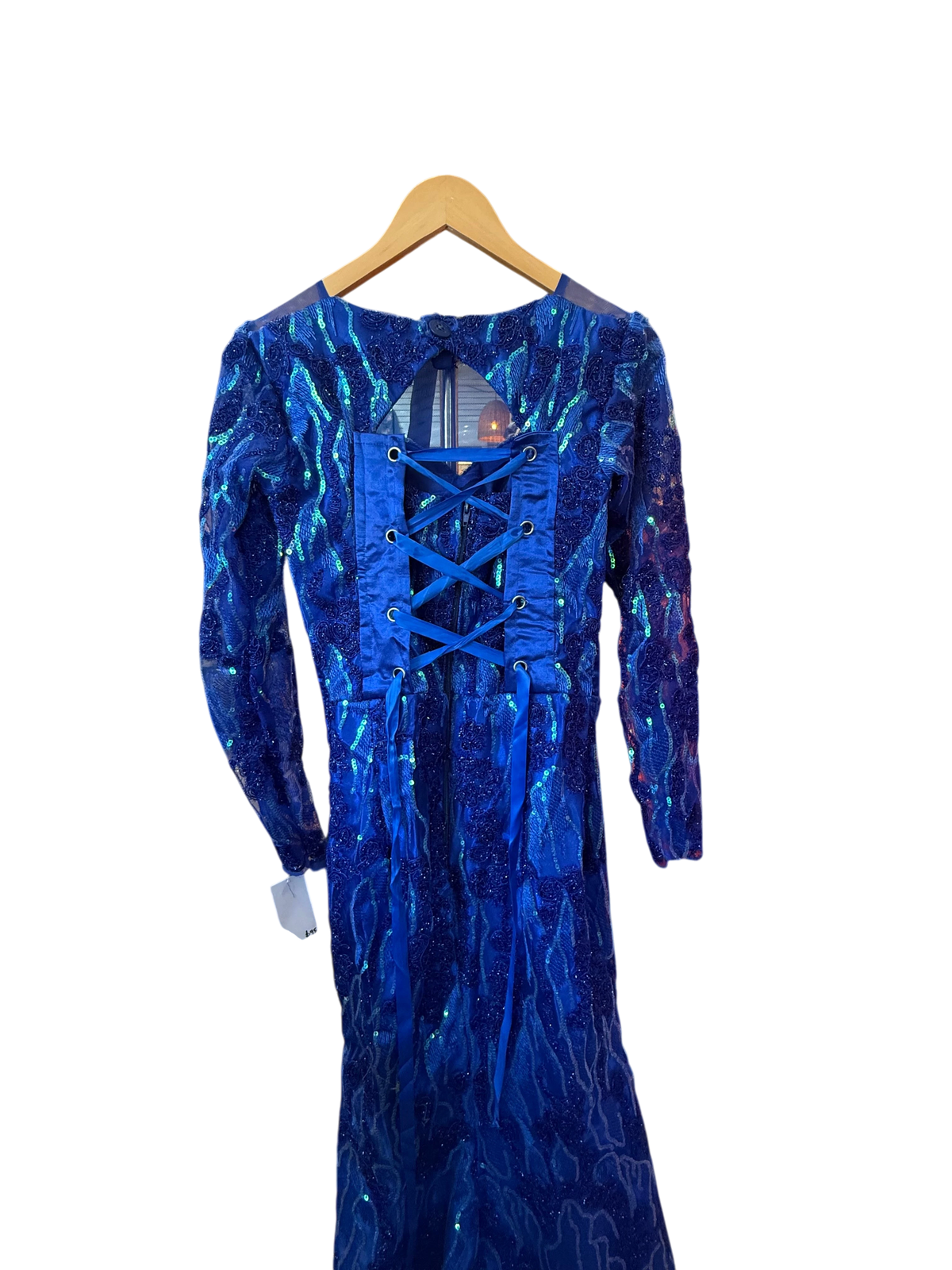 Vintage Royal Blue Sequined Corset-Back Evening Gown