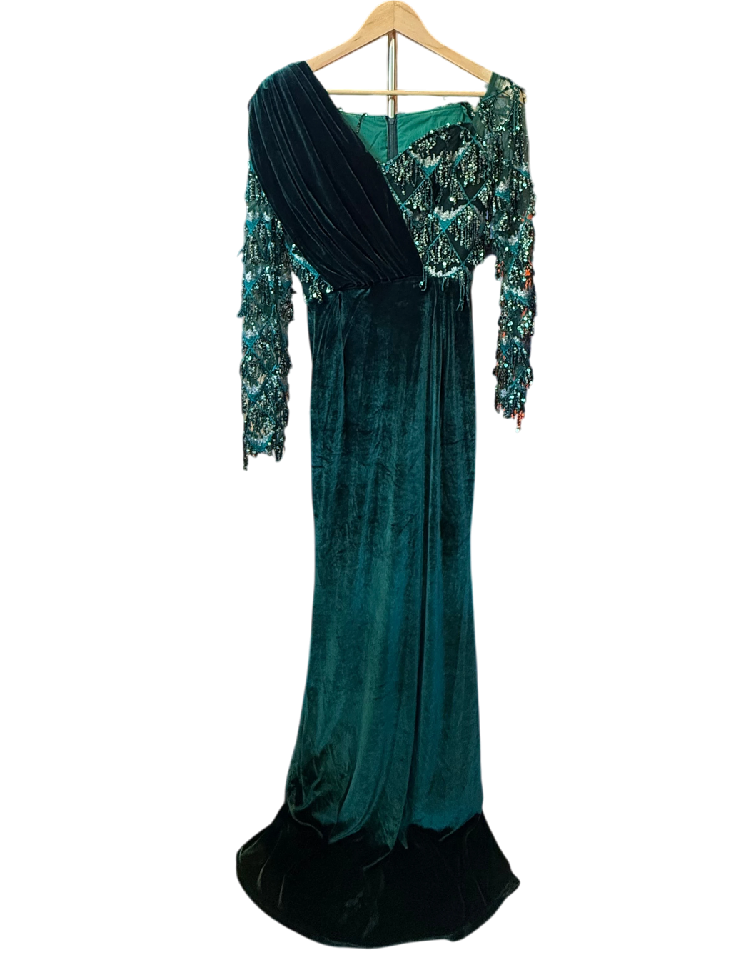 Vintage Emerald Green Velvet & Sequined Lattice Evening Gown