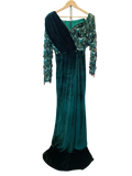 Vintage Emerald Green Velvet & Sequined Lattice Evening Gown