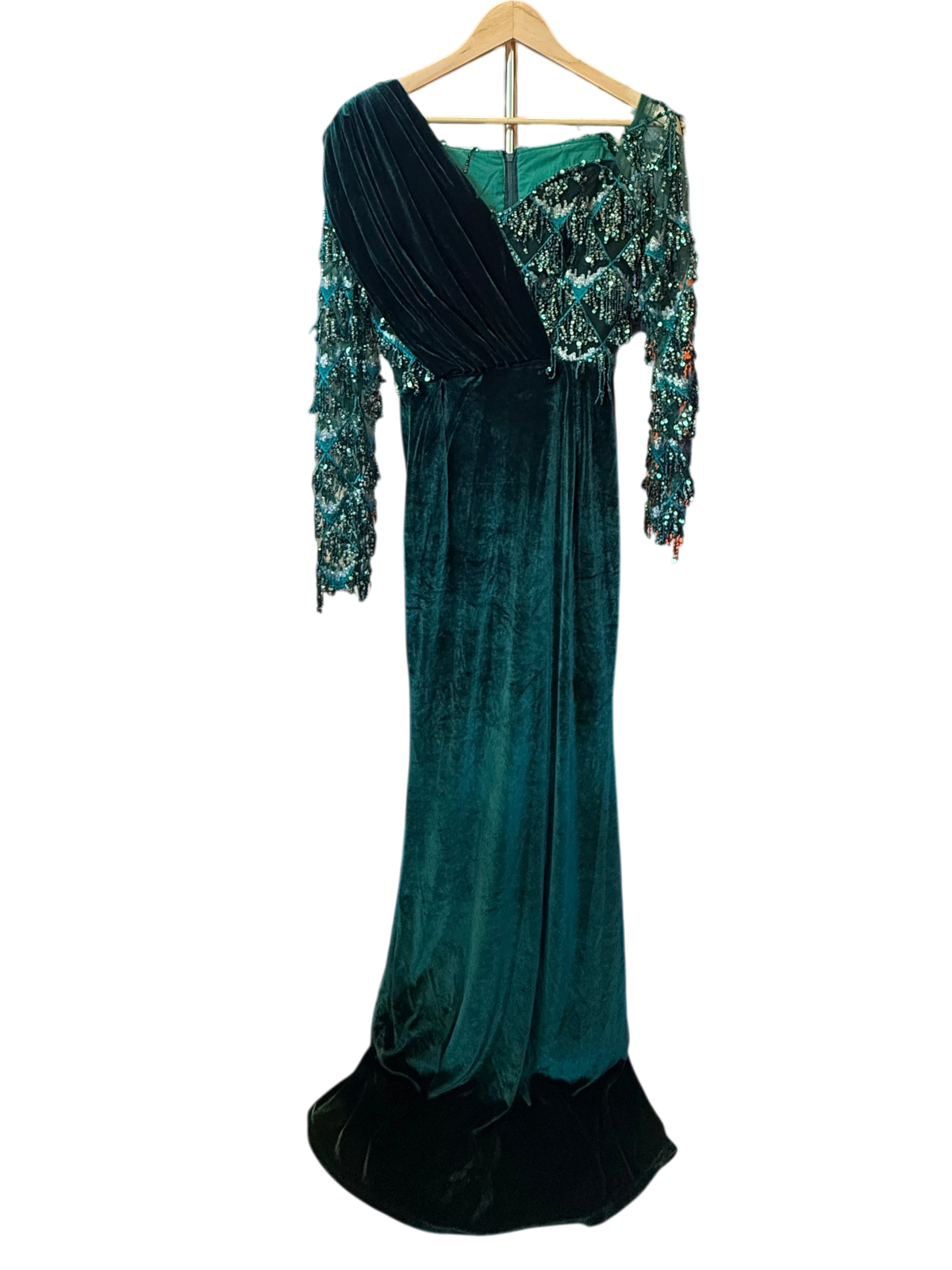 Vintage Emerald Green Velvet & Sequined Lattice Evening Gown