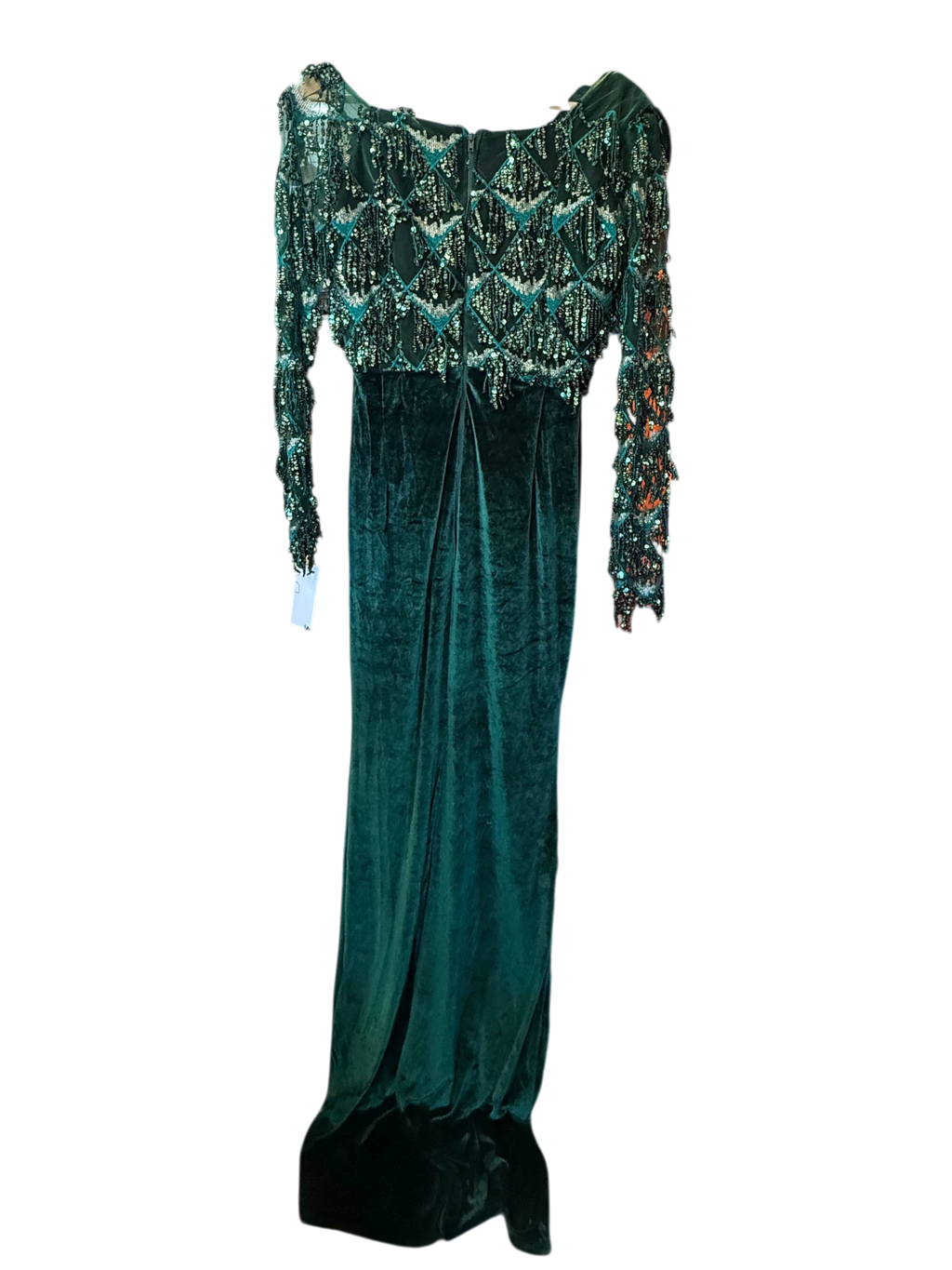 Vintage Emerald Green Velvet & Sequined Lattice Evening Gown