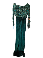 Vintage Emerald Green Velvet & Sequined Lattice Evening Gown